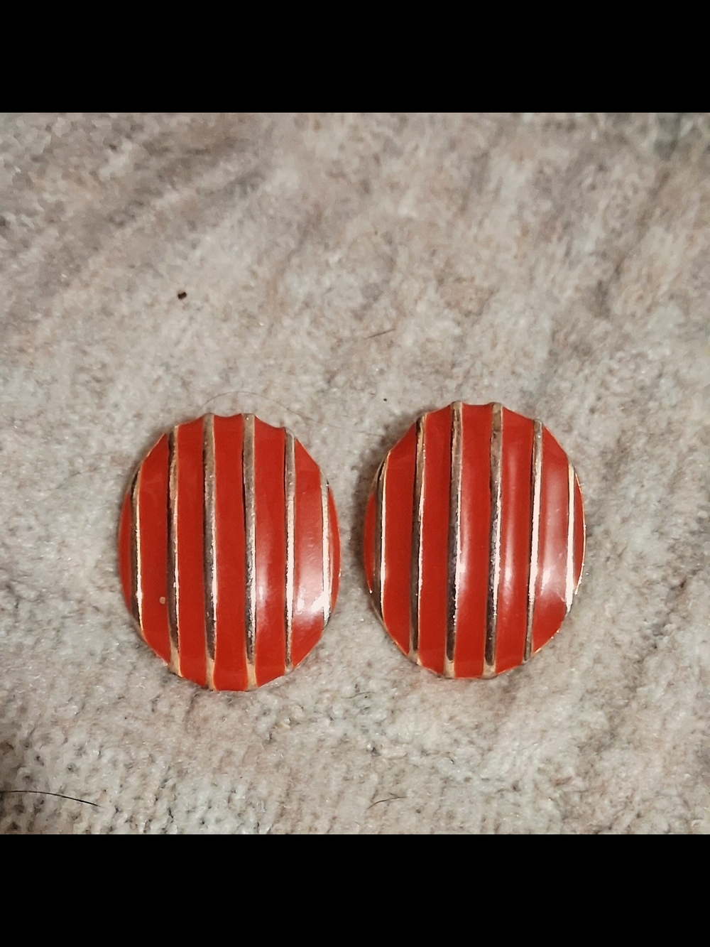 Vintage Red Enamel Striped Oval Clip-On Earrings